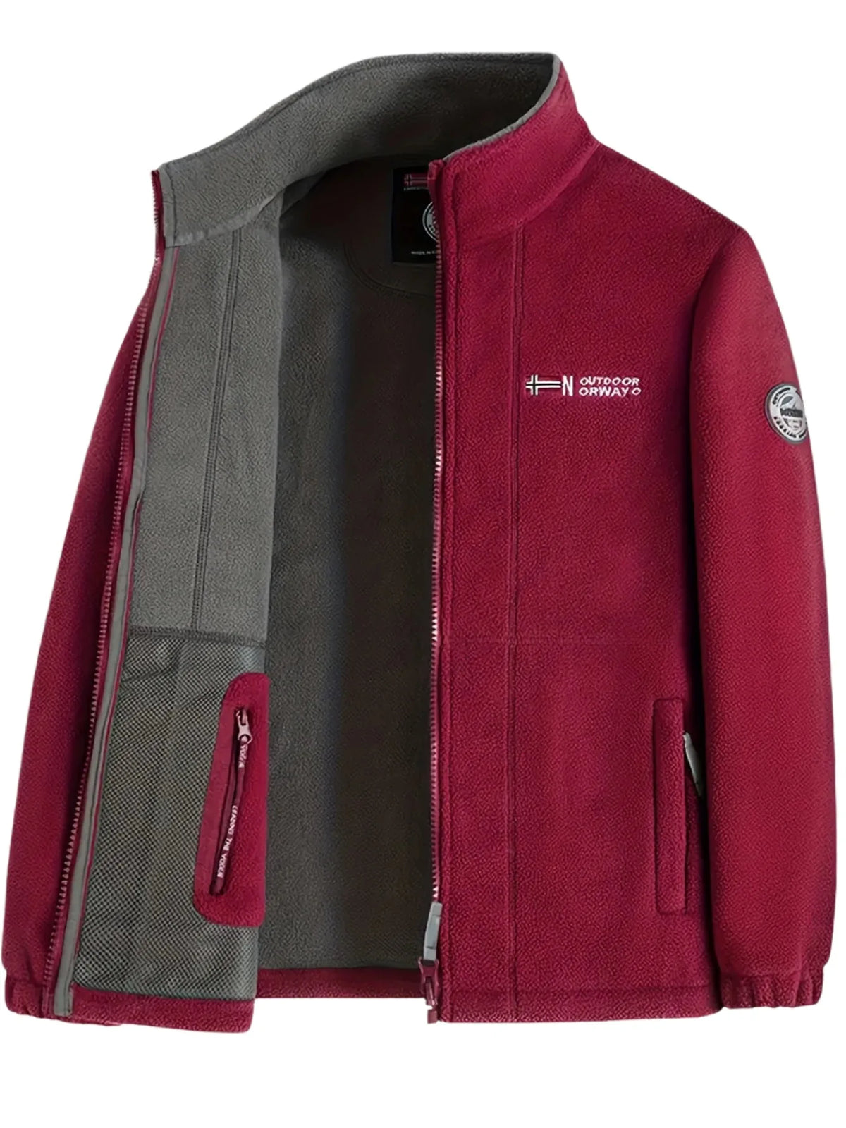 Burgundy red fleece jacket shown open, displaying the grey lining and inner zip pocket