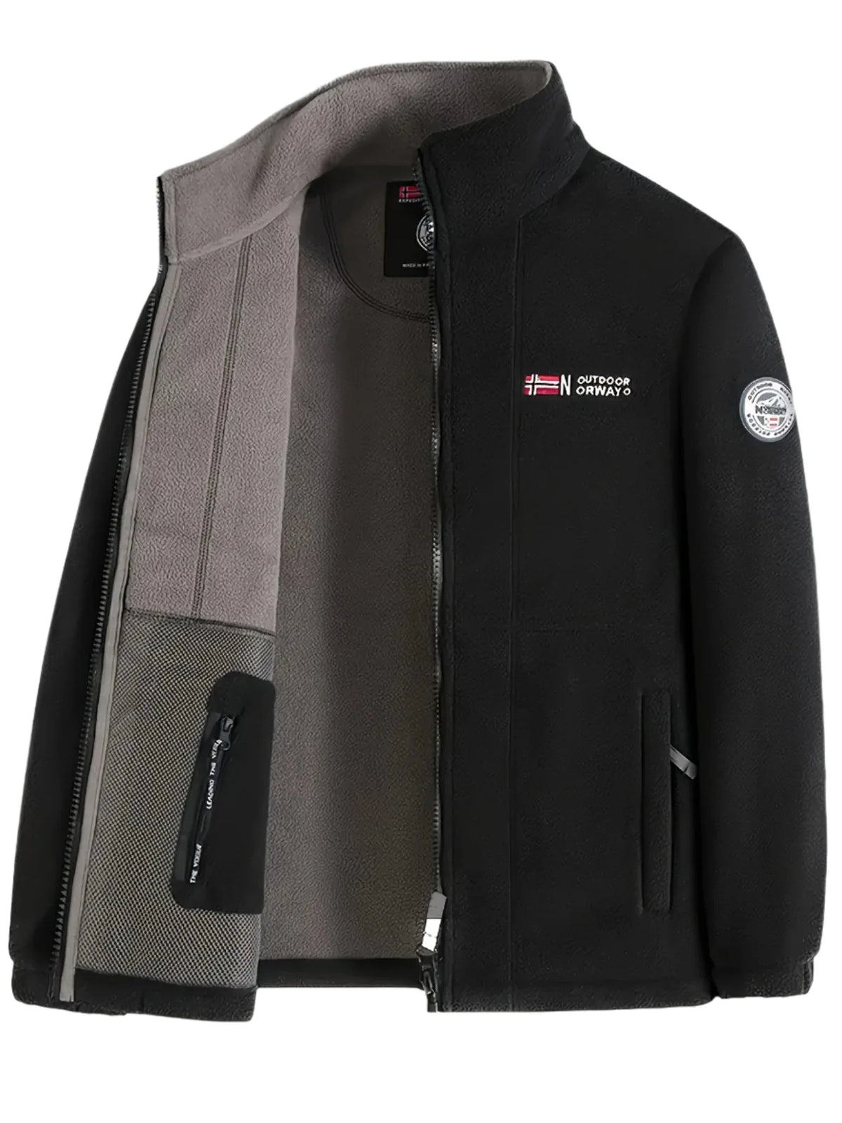 Black fleece zip-up jacket shown open, revealing the grey lining, mesh pocket and sleeve badge