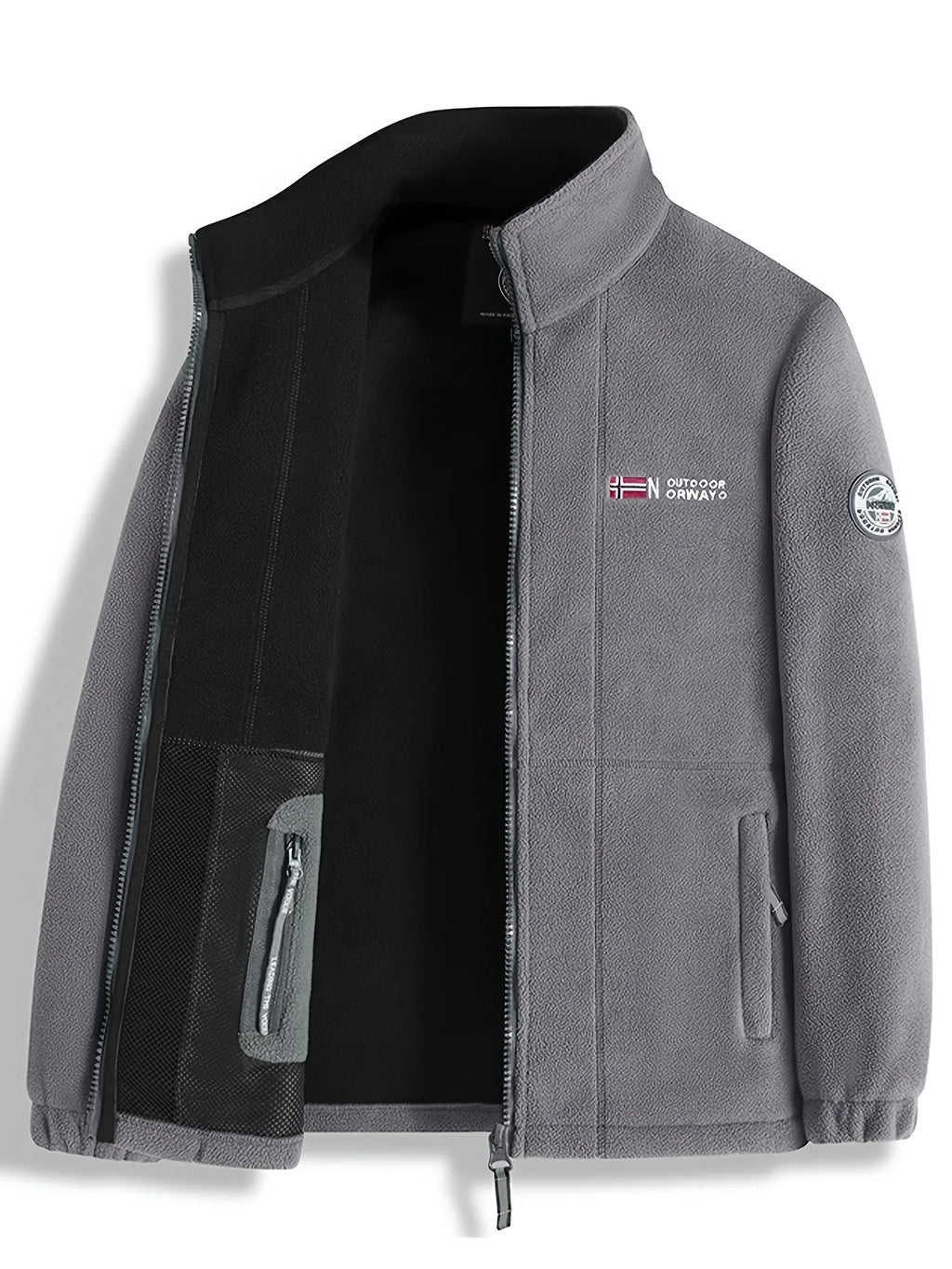 Black fleece jacket open flat, showing the embroidered flag logo on the chest and stand collar