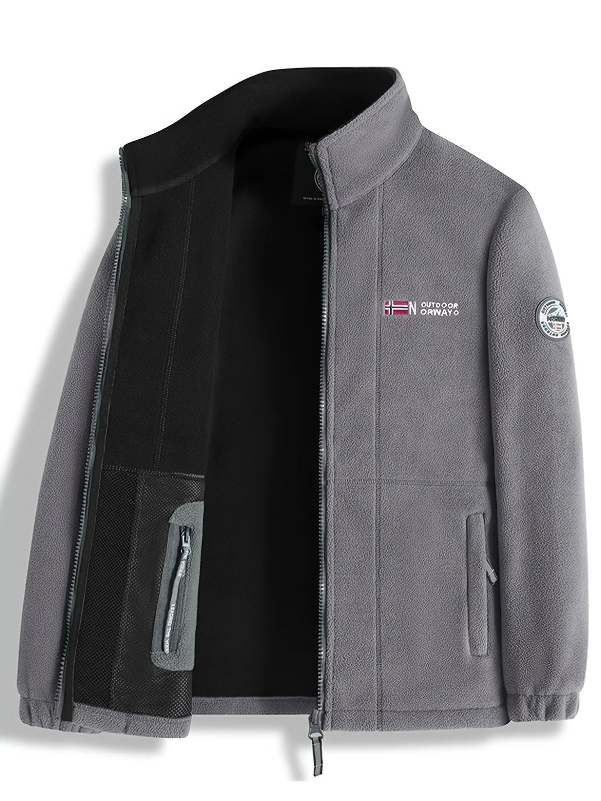Black fleece jacket open flat, showing the embroidered flag logo on the chest and stand collar