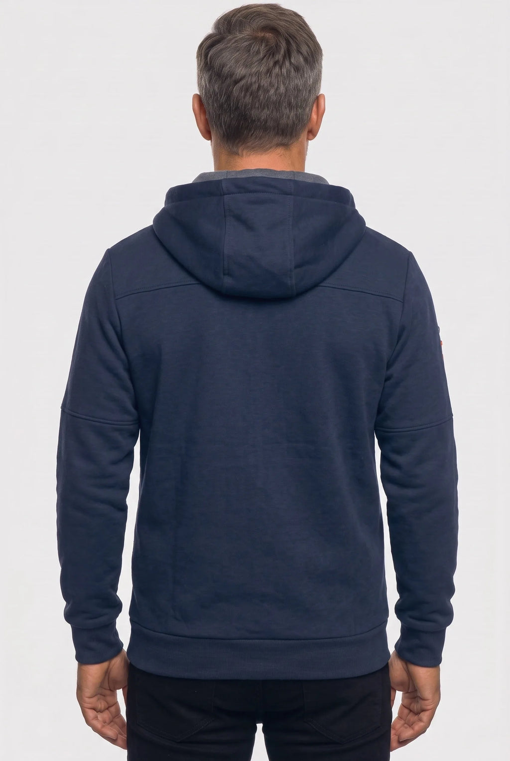Back view of a navy blue hoodie showing the attached hood, ribbed hem and clean back panel