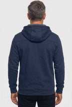 Back view of a navy blue hoodie showing the attached hood, ribbed hem and clean back panel