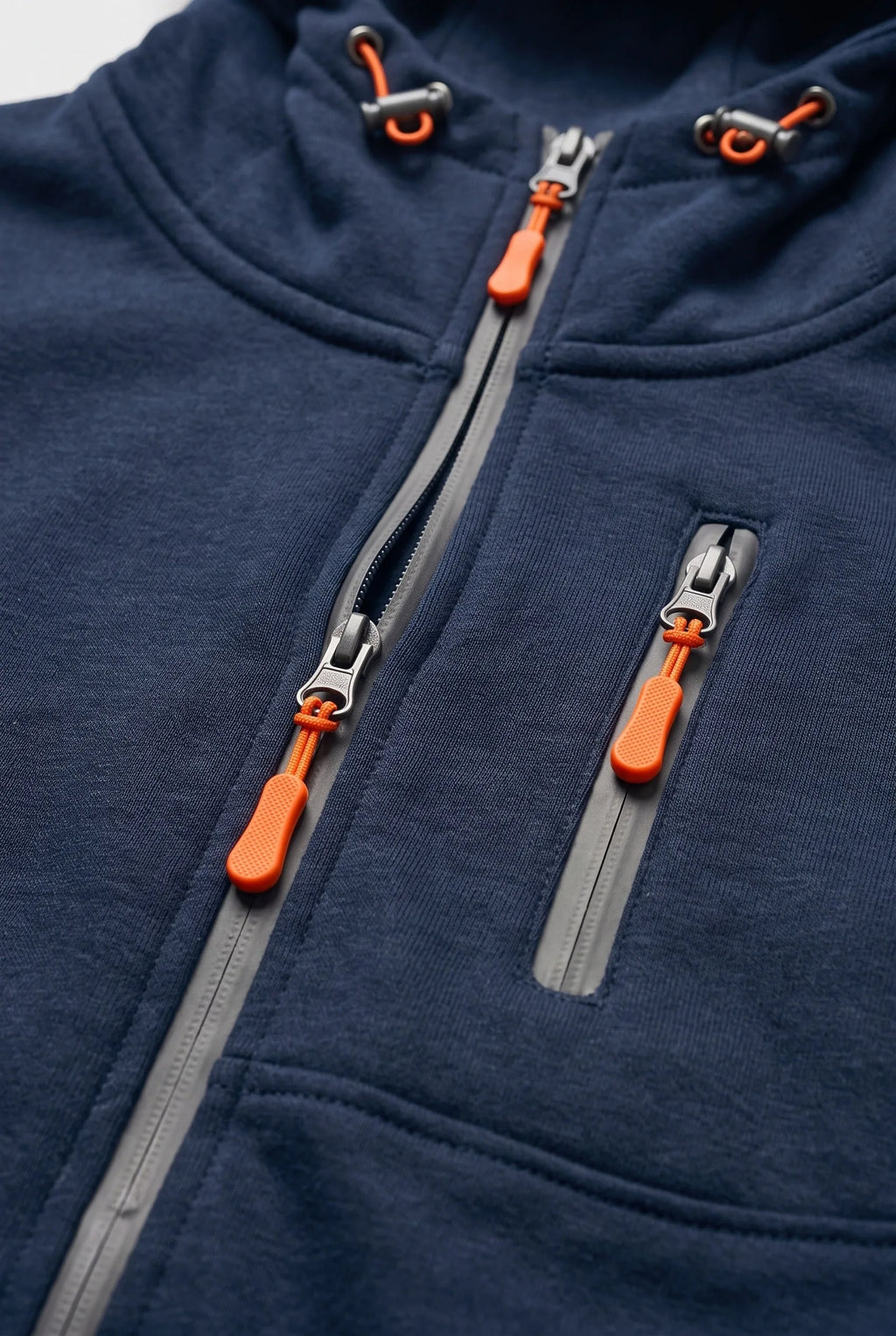 Close-up of the chest and front zip pockets with grey trims and contrast orange zip pulls