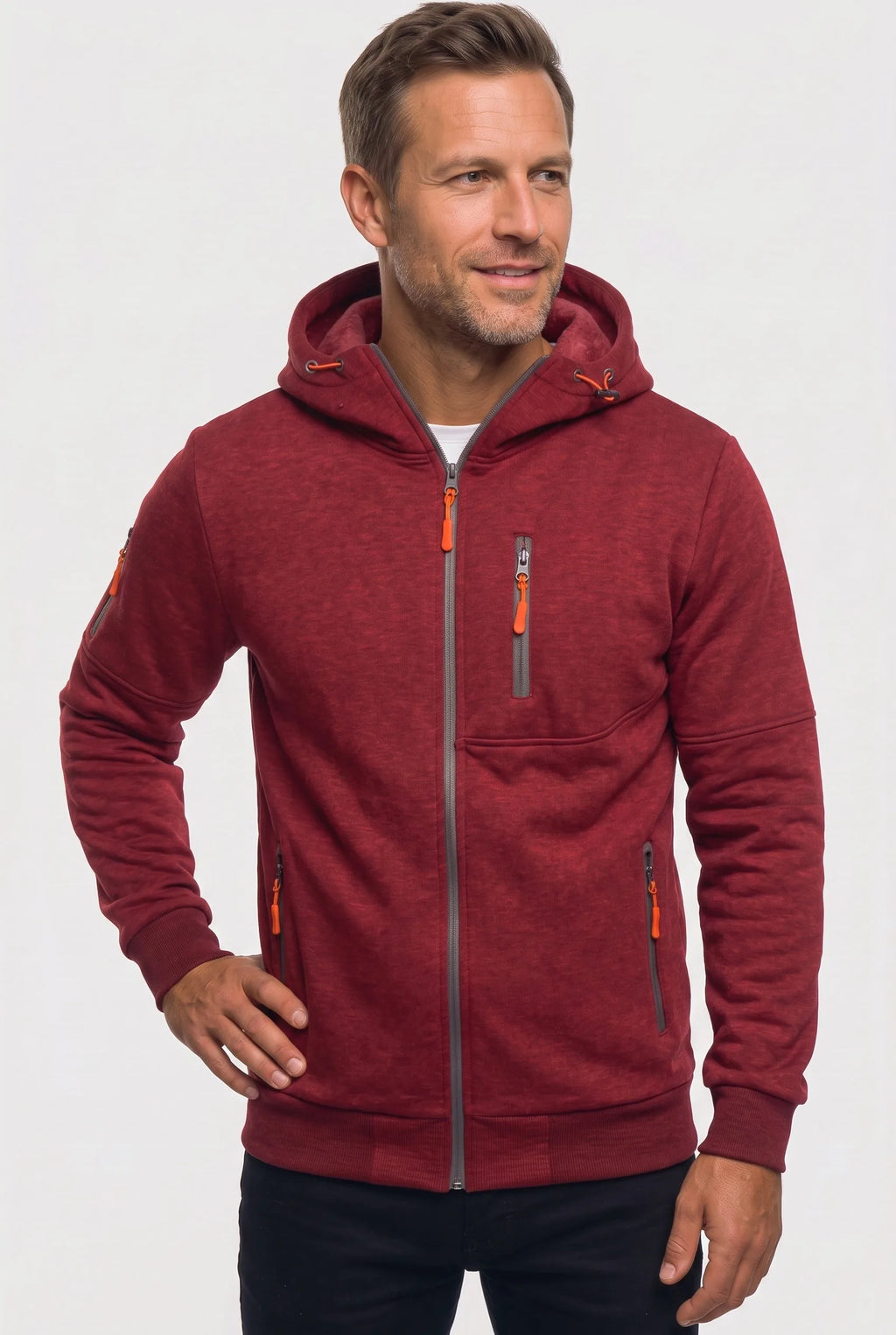 Front view of a man wearing a deep red marl full-zip hoodie with orange zip pulls