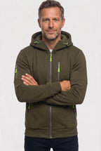 Close-up detail of the sleeve zip pocket on a navy hoodie with orange pull and grey trim