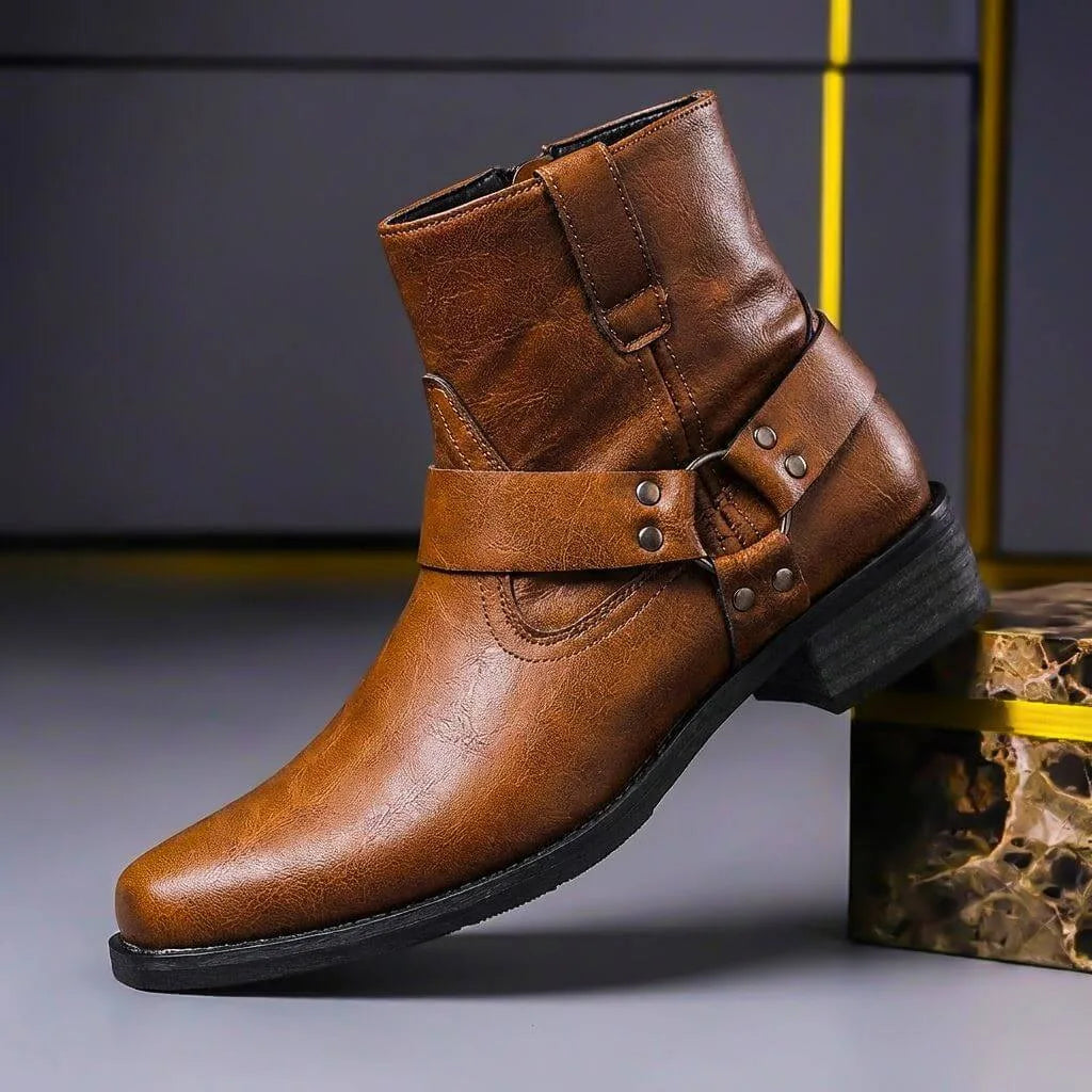 Side profile of a cognac brown leather ankle boot with buckled harness strap and antique metal ring detail