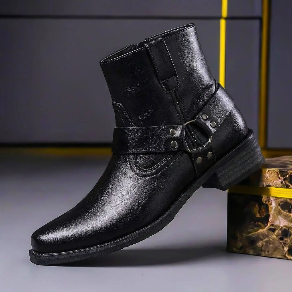 Side view of a black leather harness boot showing pull tabs, stacked heel and round metal ring strap