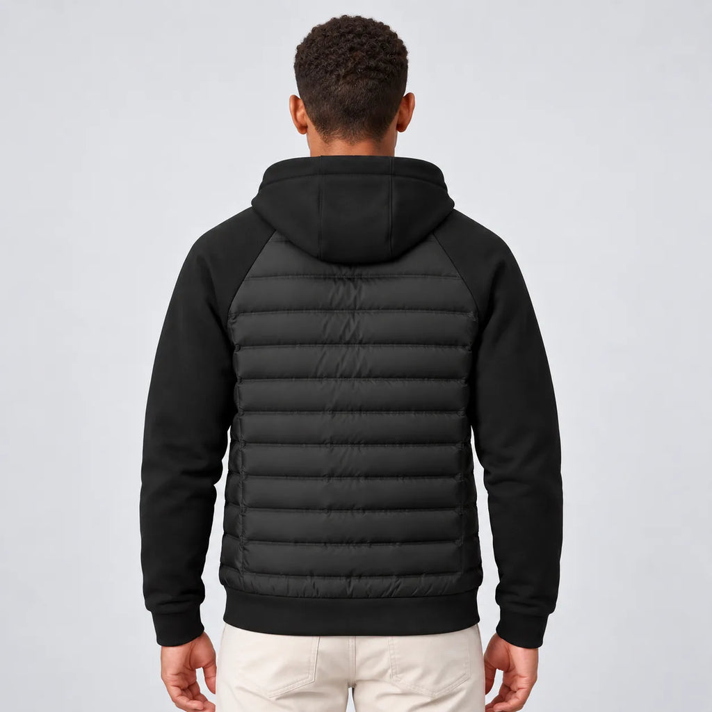 Back view showing the quilted panel and fleece-sleeved hood of the black puffer jacket