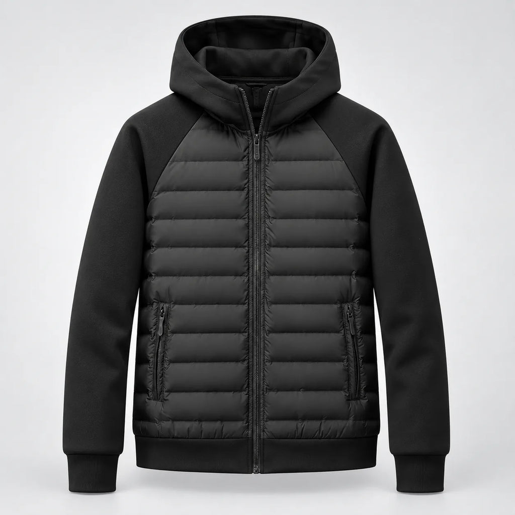 Studio front shot of the black hooded puffer jacket with zip pockets and ribbed cuffs