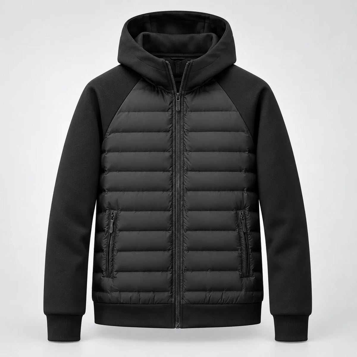 Studio front shot of the black hooded puffer jacket with zip pockets and ribbed cuffs