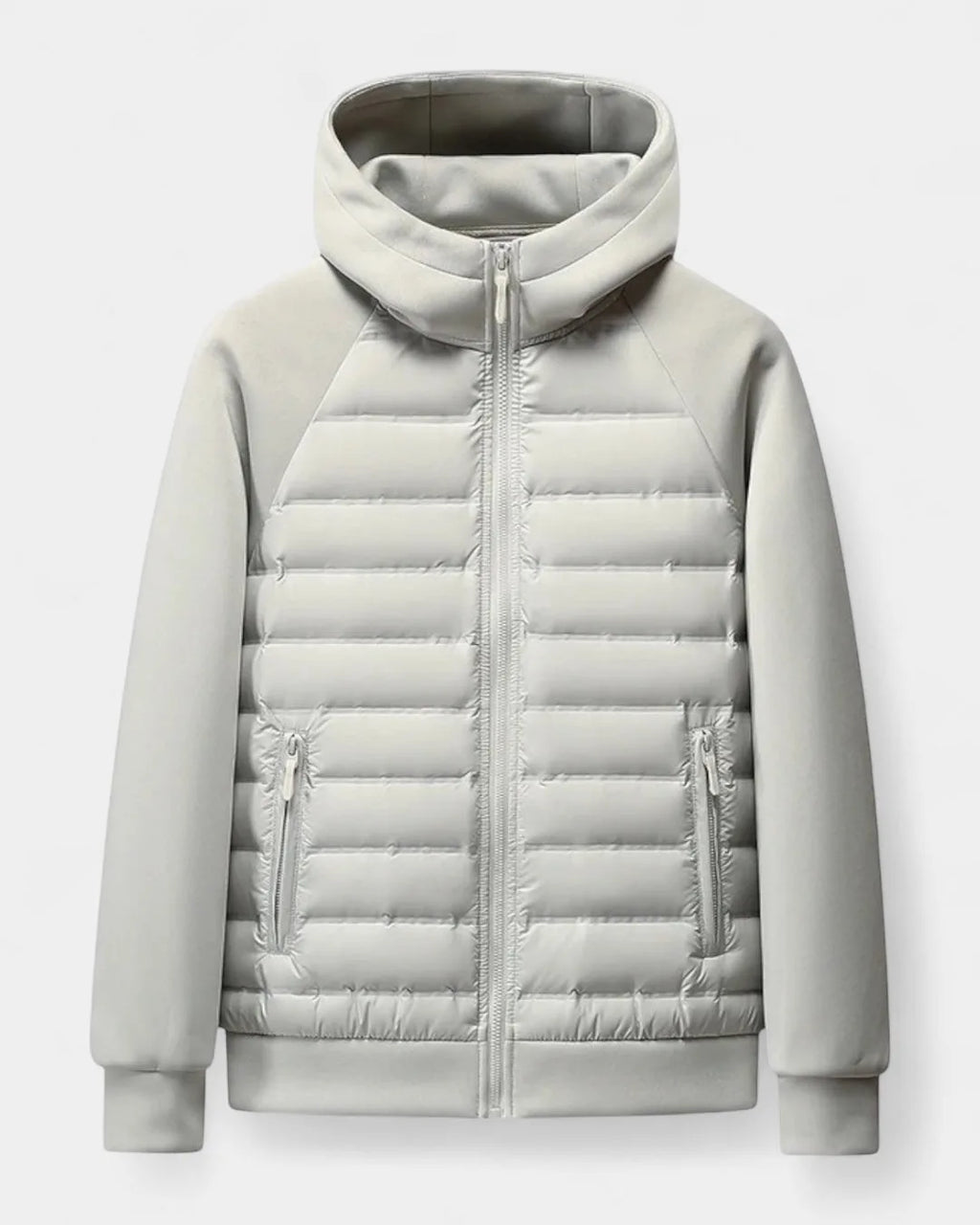 Light grey hooded puffer jacket laid flat, showing quilted front panel, zip pockets and softshell raglan sleeves