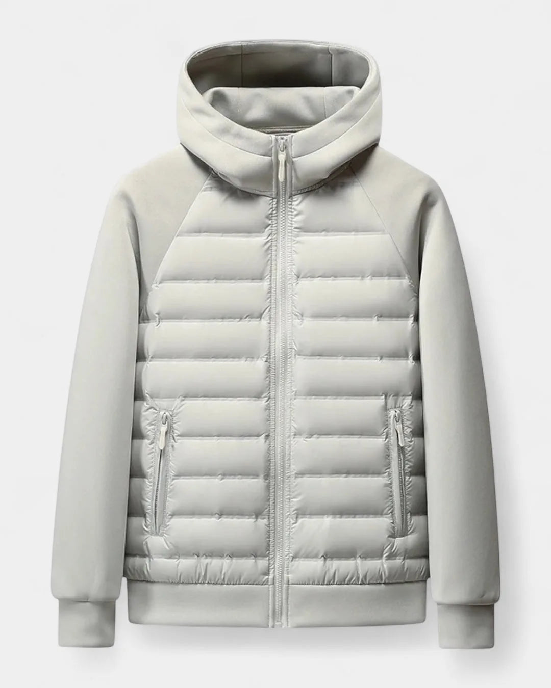 Light grey hooded puffer jacket laid flat, showing quilted front panel, zip pockets and softshell raglan sleeves