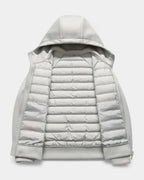 Interior view of the light grey jacket laid open, showing quilted lining and hood construction