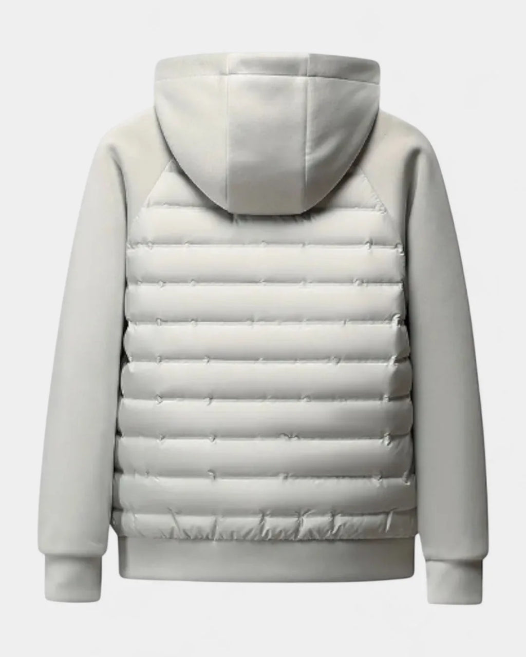 Back view of the light grey hooded jacket laid flat, showing quilted back panel and ribbed cuffs