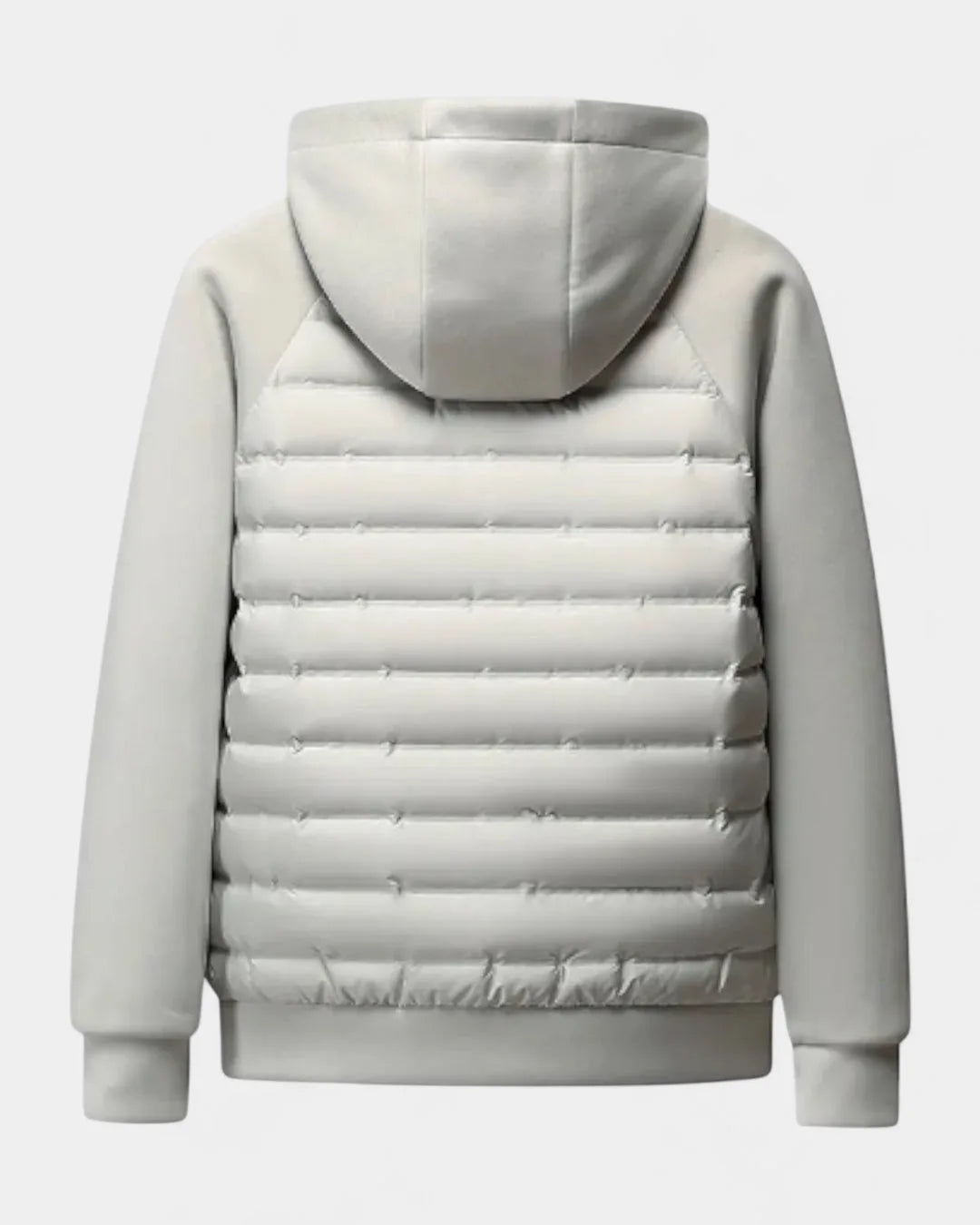 Back view of the light grey hooded jacket laid flat, showing quilted back panel and ribbed cuffs
