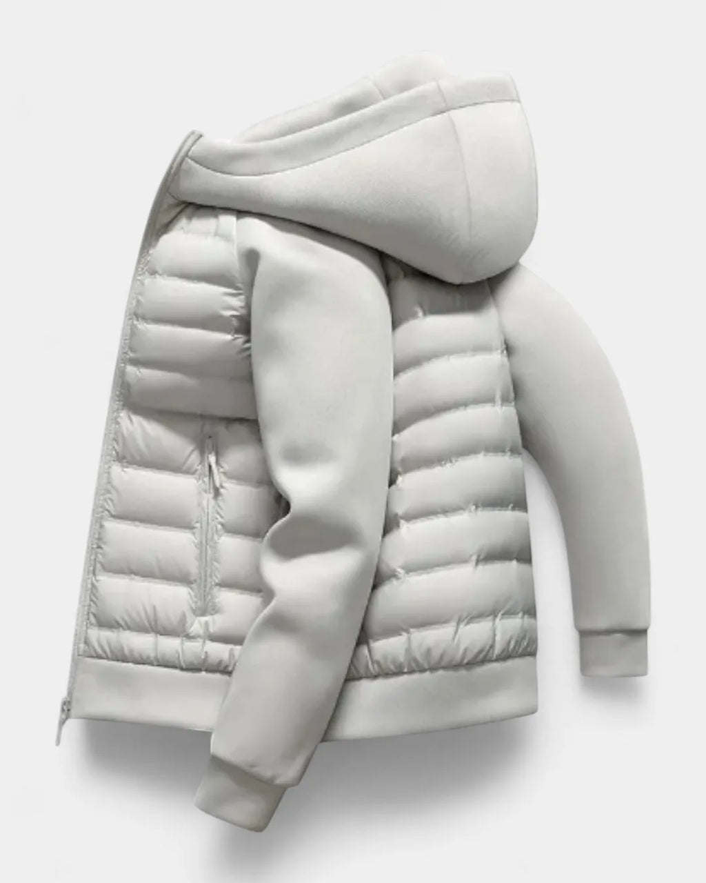 Side profile of the light grey jacket laid flat, highlighting the raised hood and zip pocket detail