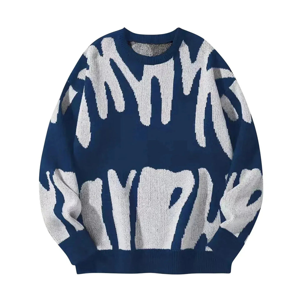 Navy blue knit jumper with abstract off-white graffiti-style pattern across the chest and sleeves, front view