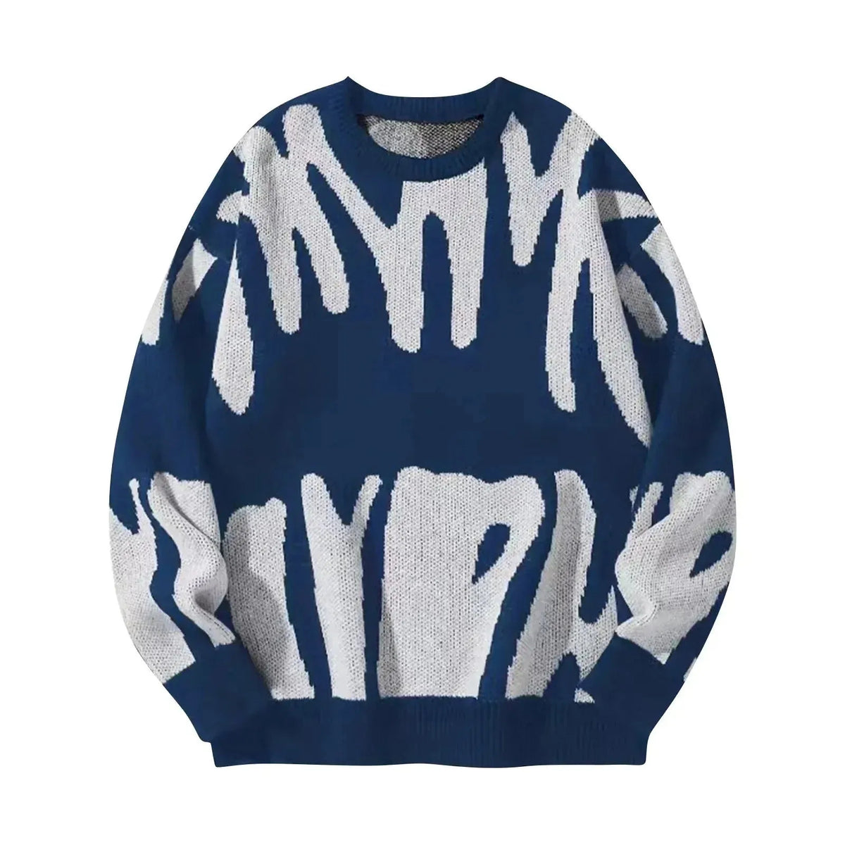 Navy blue knit jumper with abstract off-white graffiti-style pattern across the chest and sleeves, front view