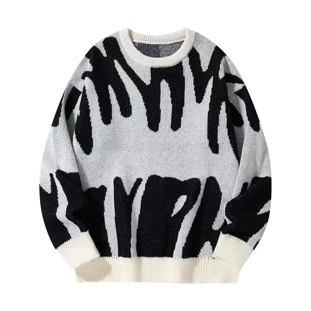 Light grey crewneck jumper with bold black graffiti print and contrasting cream ribbed cuffs and hem