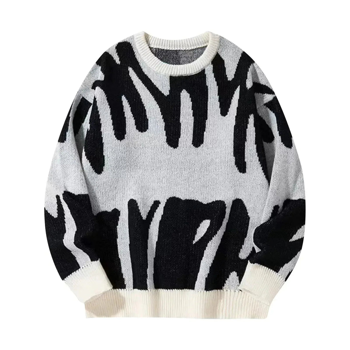 Light grey crewneck jumper with bold black graffiti print and contrasting cream ribbed cuffs and hem