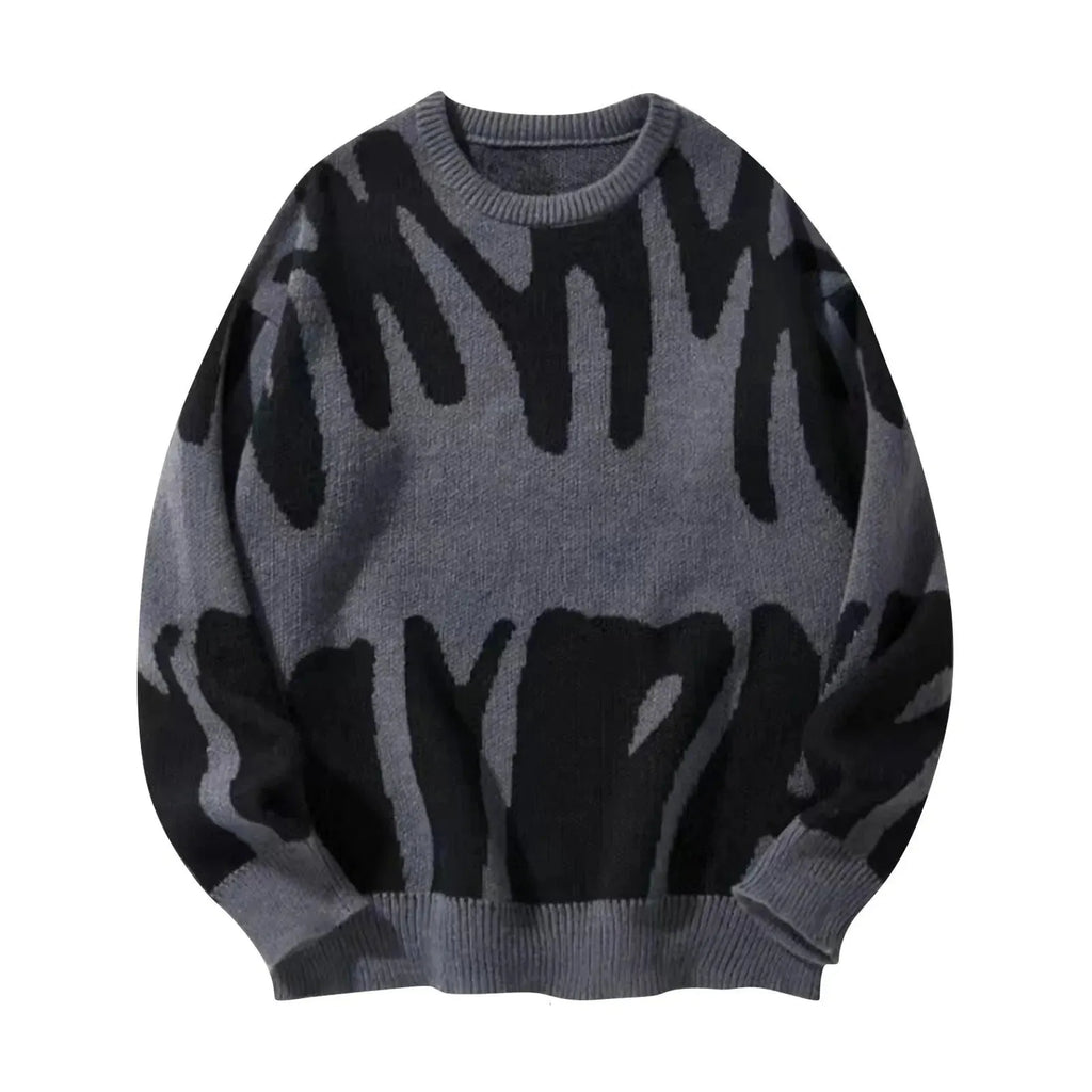 Slate grey knitted jumper featuring an abstract black graphic pattern, relaxed oversized fit shown flat