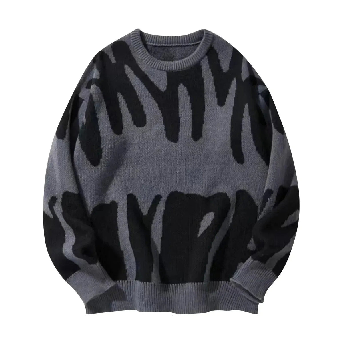 Slate grey knitted jumper featuring an abstract black graphic pattern, relaxed oversized fit shown flat