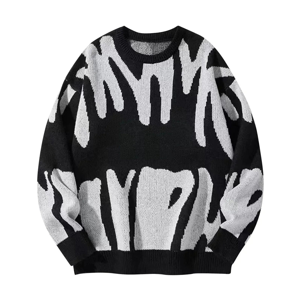 Black crewneck jumper with large off-white graffiti-style print covering the front and sleeves