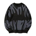 Dark charcoal jumper with tonal grey abstract graphic pattern and ribbed crew neckline, front laid flat