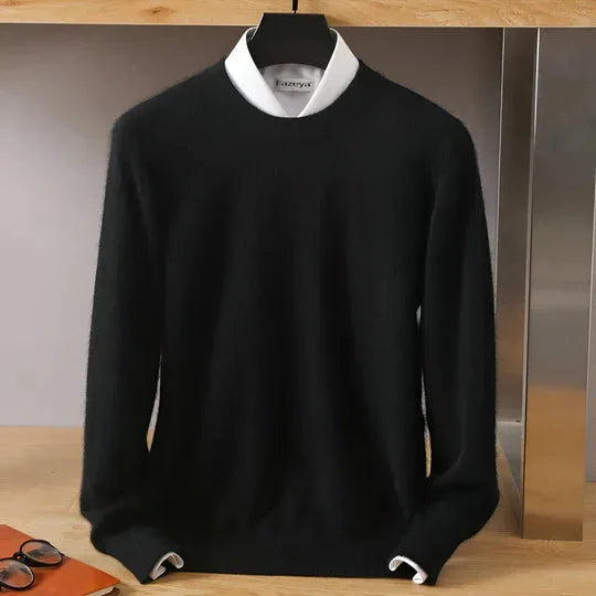 Detail shot of the mock neck collar and white shirt layering on a red jumper