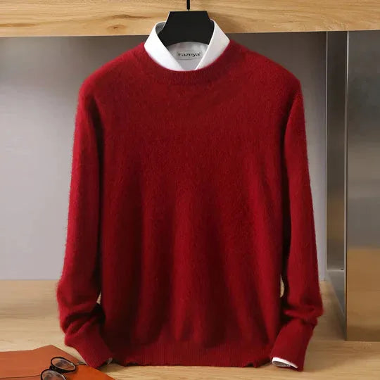 Red knitted jumper with mock neck shown over a crisp white shirt, hanging display