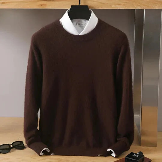 Dark brown knitted jumper with mock neck layered over a white shirt, front hanging view