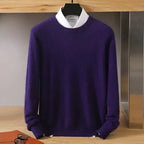 Deep purple knitted jumper with mock neck over a white collared shirt, front view