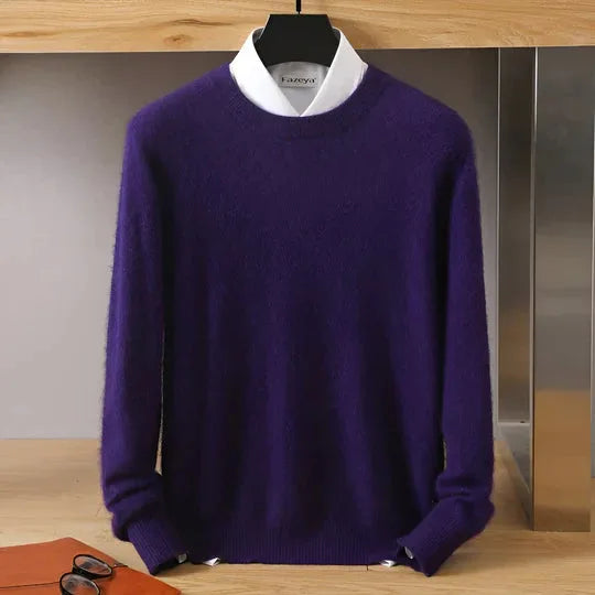 Deep purple knitted jumper with mock neck over a white collared shirt, front view