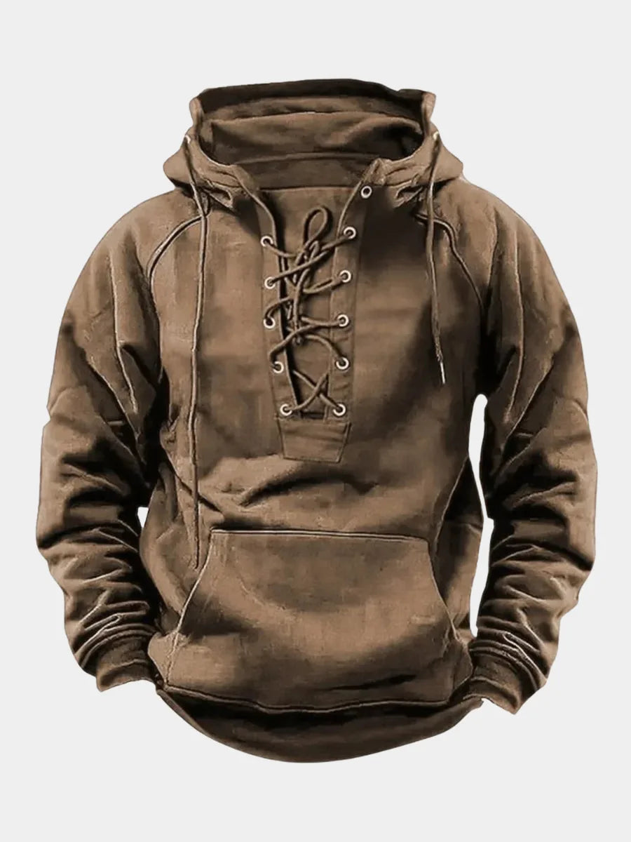 Front view of a khaki brown hooded jumper with crisscross lace-up neckline and kangaroo pocket