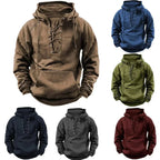 Six colourways of the lace-up hoodie shown together: khaki, blue, green, navy, grey and burgundy