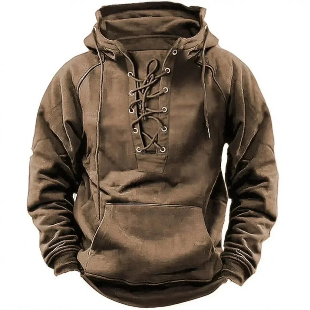 Close-up front view of the khaki hoodie highlighting the eyelet lacing and drawstring hood