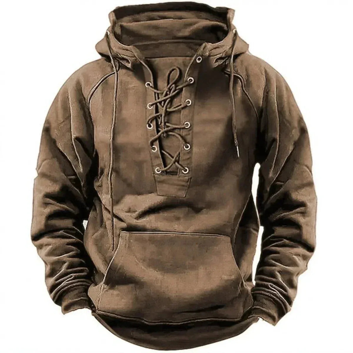 Close-up front view of the khaki hoodie highlighting the eyelet lacing and drawstring hood