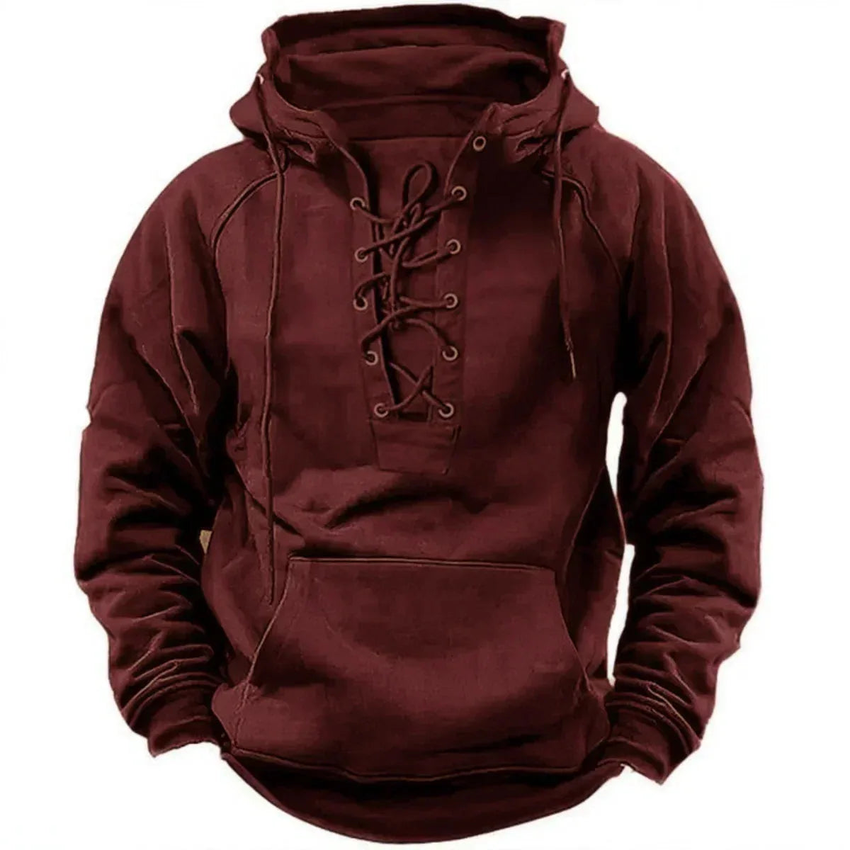 Burgundy lace-up hoodie with cowl-style hood and ribbed cuffs, front facing
