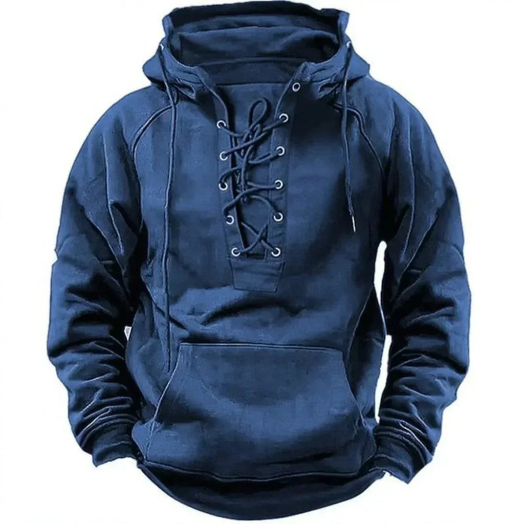 Navy blue version of the hoodie showing the funnel hood and front lacing detail