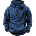 Navy blue version of the hoodie showing the funnel hood and front lacing detail