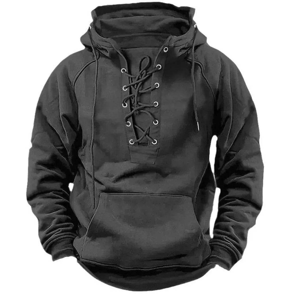 Black lace-up hoodie displayed from the front with long raglan sleeves and front pocket