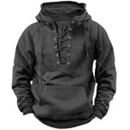 Black lace-up hoodie displayed from the front with long raglan sleeves and front pocket
