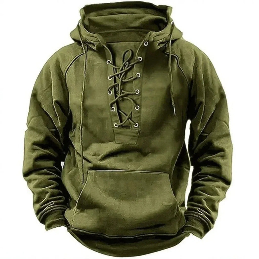 Olive green hoodie with lace-up placket, drawstring hood and kangaroo pocket, front view