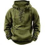 Olive green hoodie with lace-up placket, drawstring hood and kangaroo pocket, front view