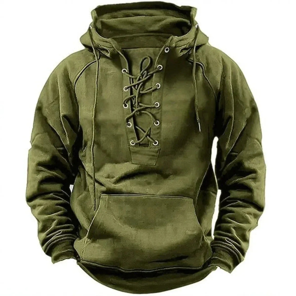 Olive green hoodie with lace-up placket, drawstring hood and kangaroo pocket, front view
