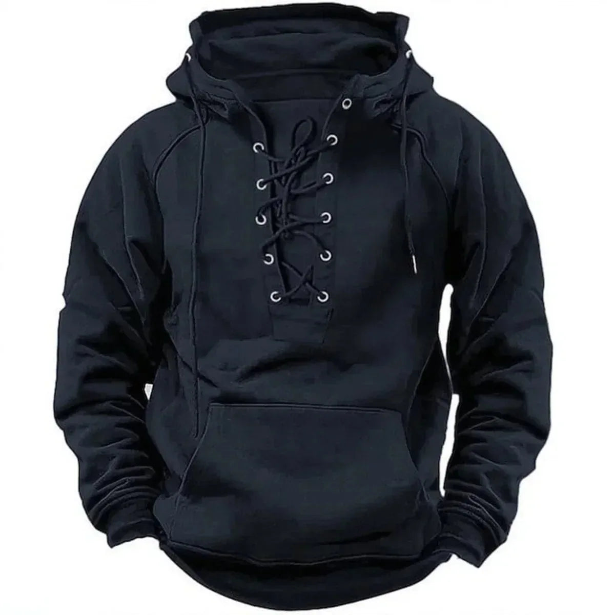 Black hoodie close-up showing the eyelet lacing, drawstrings and ribbed hem