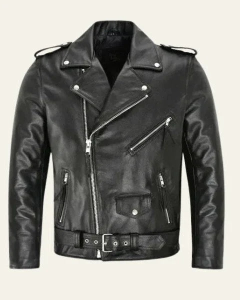 Front view of a black leather biker jacket with asymmetric zip, lapel collar and buckled waist belt