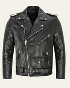 Front view of a black leather biker jacket with asymmetric zip, lapel collar and buckled waist belt