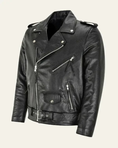 Three-quarter angled view of the black leather biker jacket showing zip pockets and stud-detailed collar