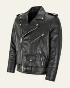 Three-quarter angled view of the black leather biker jacket showing zip pockets and stud-detailed collar